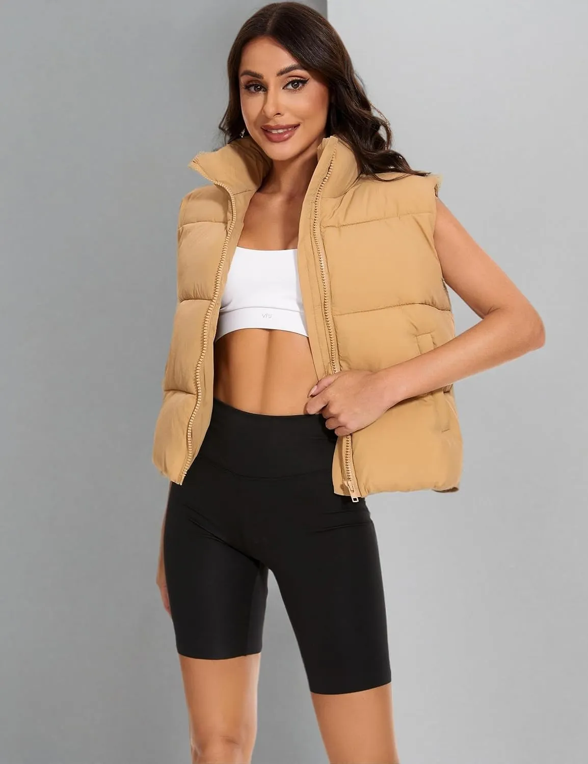 Wanzetaly Women's Puffer Vest Cropped Sleeveless Winter Outerwear Lightweight Stand-up Collar Down Vest with Pockets