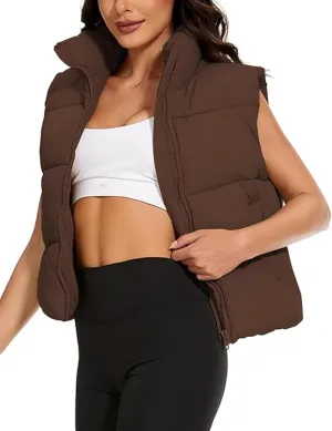 Wanzetaly Women's Puffer Vest Cropped Sleeveless Winter Outerwear Lightweight Stand-up Collar Down Vest with Pockets