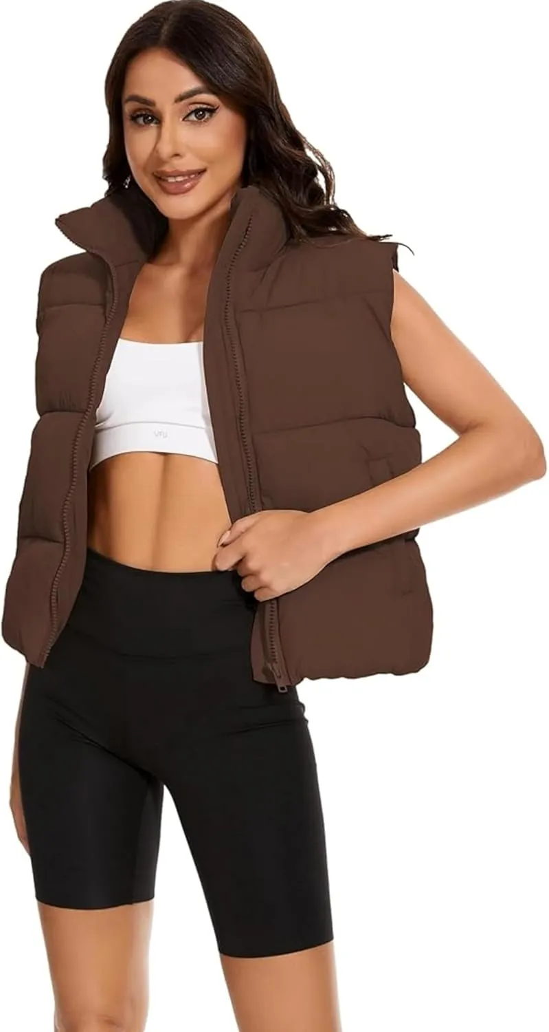 Wanzetaly Women's Puffer Vest Cropped Sleeveless Winter Outerwear Lightweight Stand-up Collar Down Vest with Pockets