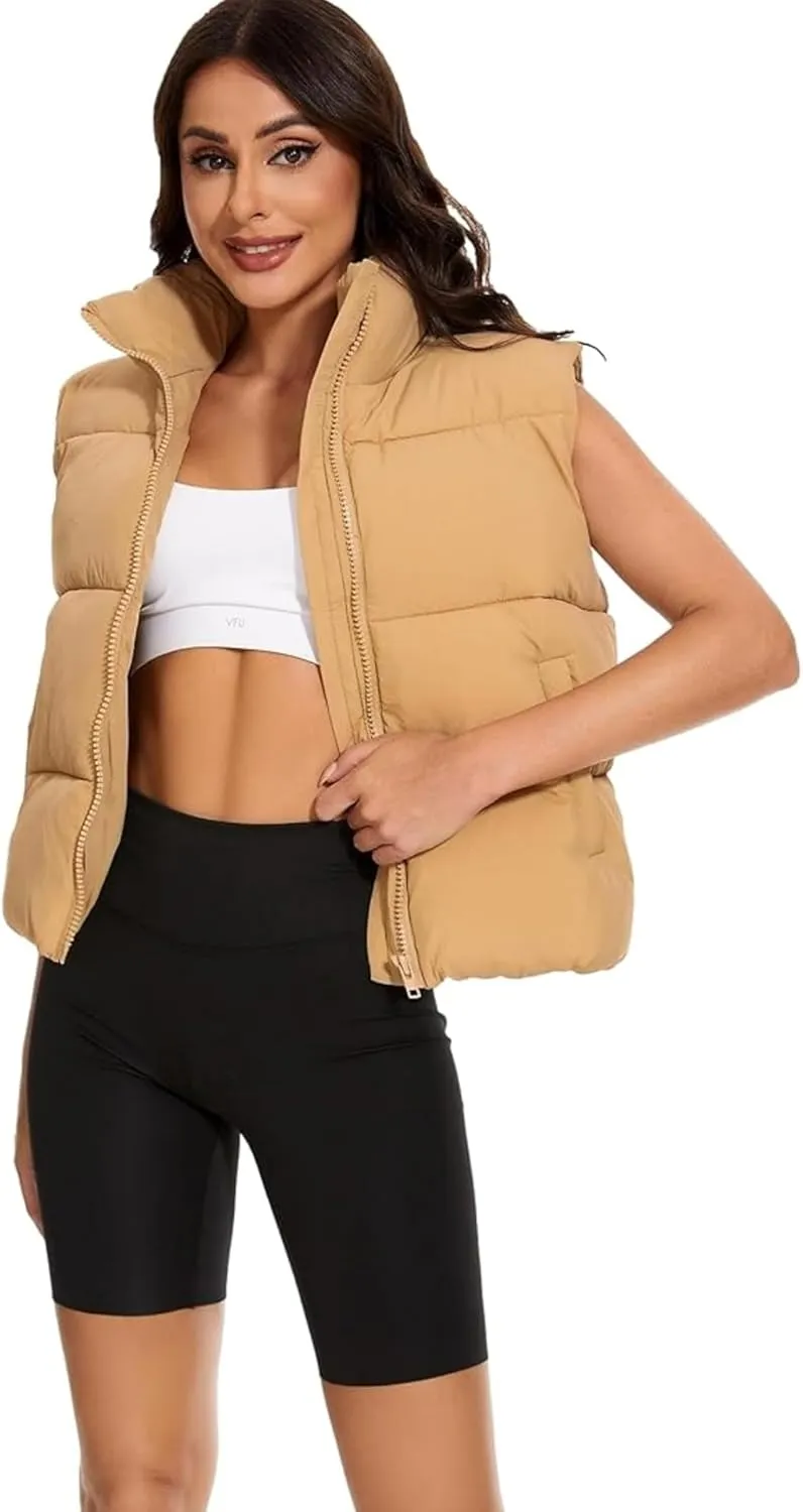 Wanzetaly Women's Puffer Vest Cropped Sleeveless Winter Outerwear Lightweight Stand-up Collar Down Vest with Pockets