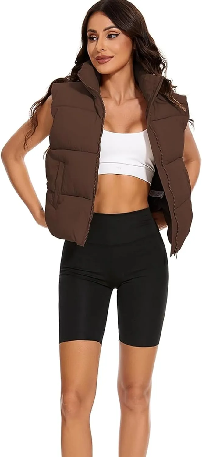 Wanzetaly Women's Puffer Vest Cropped Sleeveless Winter Outerwear Lightweight Stand-up Collar Down Vest with Pockets