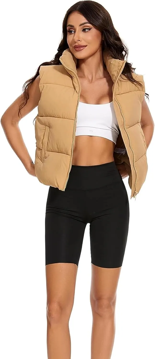 Wanzetaly Women's Puffer Vest Cropped Sleeveless Winter Outerwear Lightweight Stand-up Collar Down Vest with Pockets