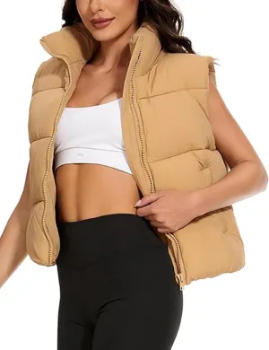 Wanzetaly Women's Puffer Vest Cropped Sleeveless Winter Outerwear Lightweight Stand-up Collar Down Vest with Pockets