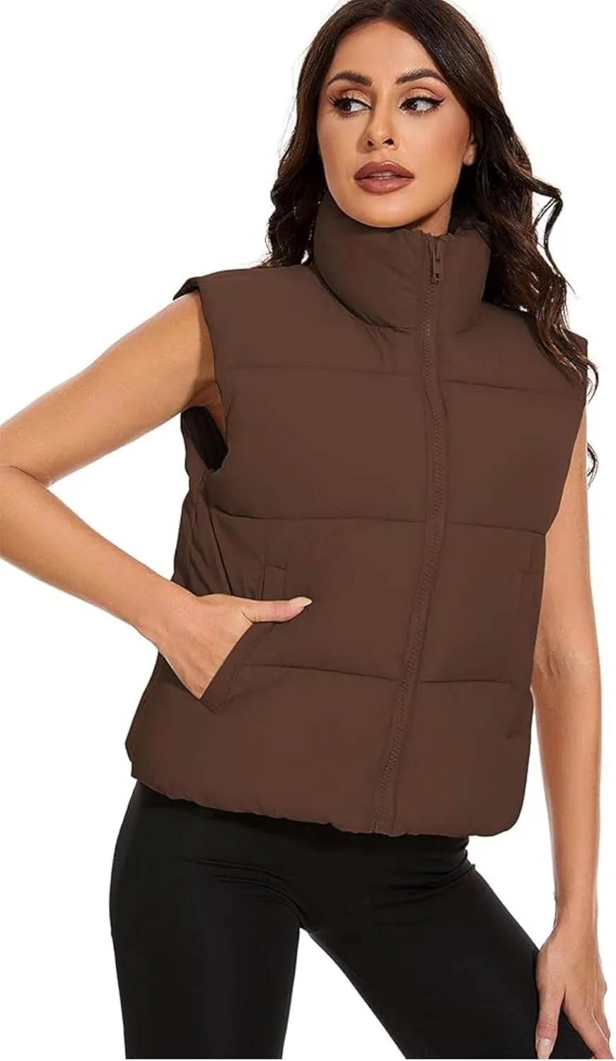 Wanzetaly Women's Puffer Vest Cropped Sleeveless Winter Outerwear Lightweight Stand-up Collar Down Vest with Pockets
