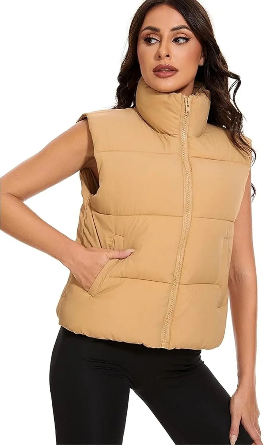 Wanzetaly Women's Puffer Vest Cropped Sleeveless Winter Outerwear Lightweight Stand-up Collar Down Vest with Pockets