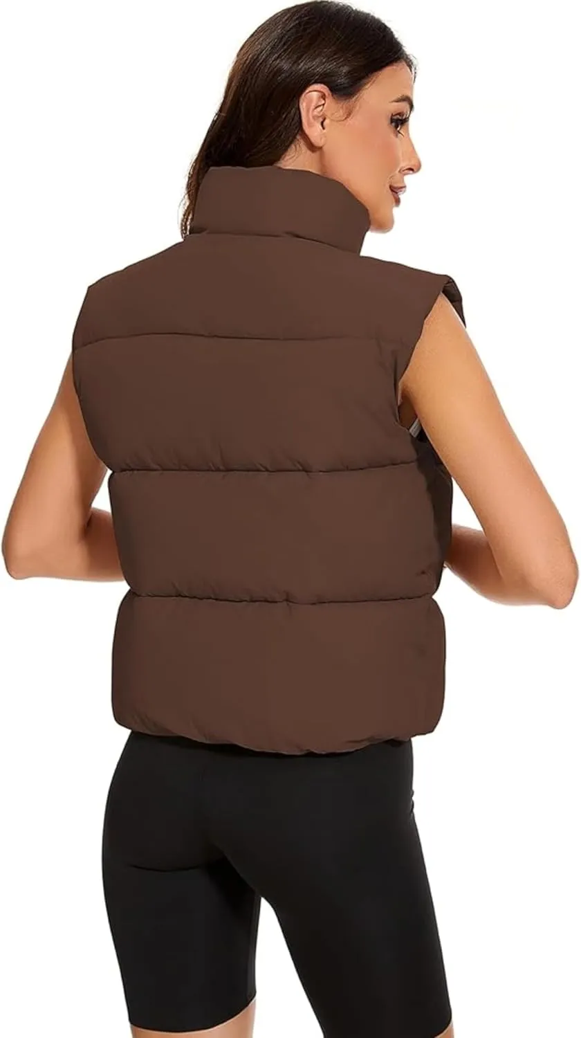 Wanzetaly Women's Puffer Vest Cropped Sleeveless Winter Outerwear Lightweight Stand-up Collar Down Vest with Pockets