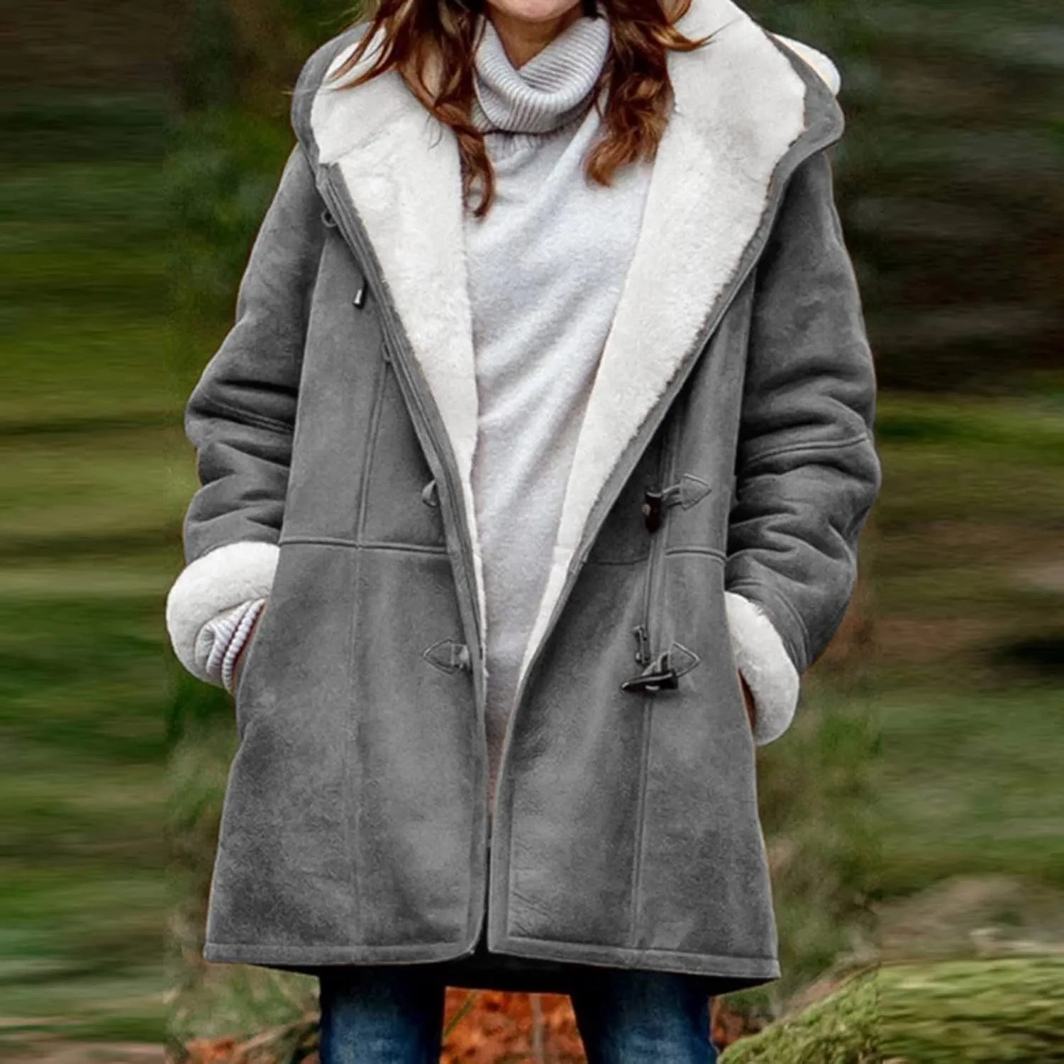 Warm Jackets for Women,Womens Winter Trench Coats Zip Up Breasted Long Sleeve Hooded Fleece Jacket Fuzzy Pea Coat