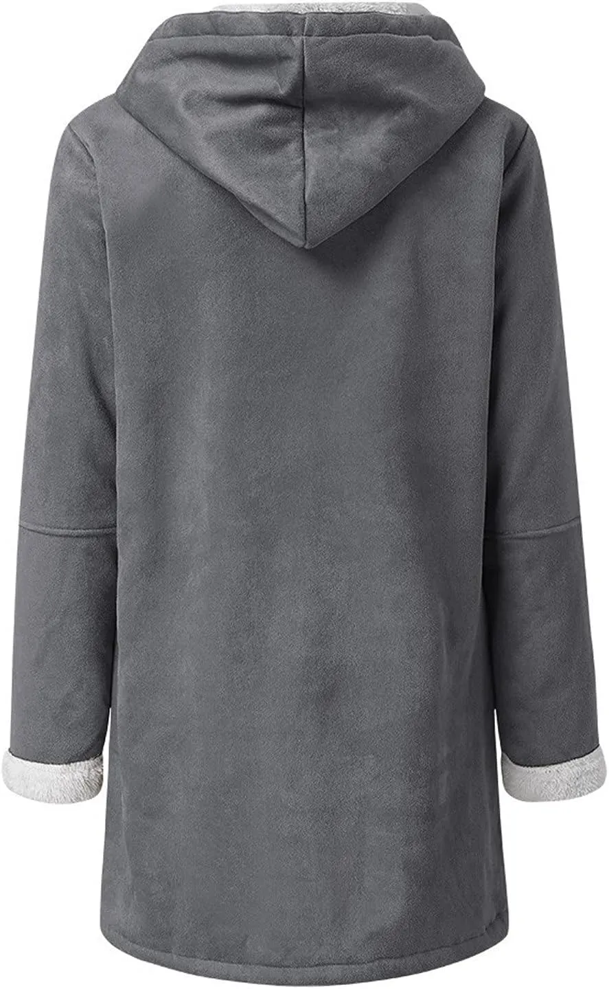 Warm Jackets for Women,Womens Winter Trench Coats Zip Up Breasted Long Sleeve Hooded Fleece Jacket Fuzzy Pea Coat