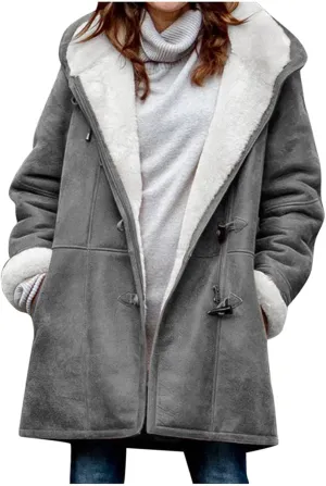 Warm Jackets for Women,Womens Winter Trench Coats Zip Up Breasted Long Sleeve Hooded Fleece Jacket Fuzzy Pea Coat