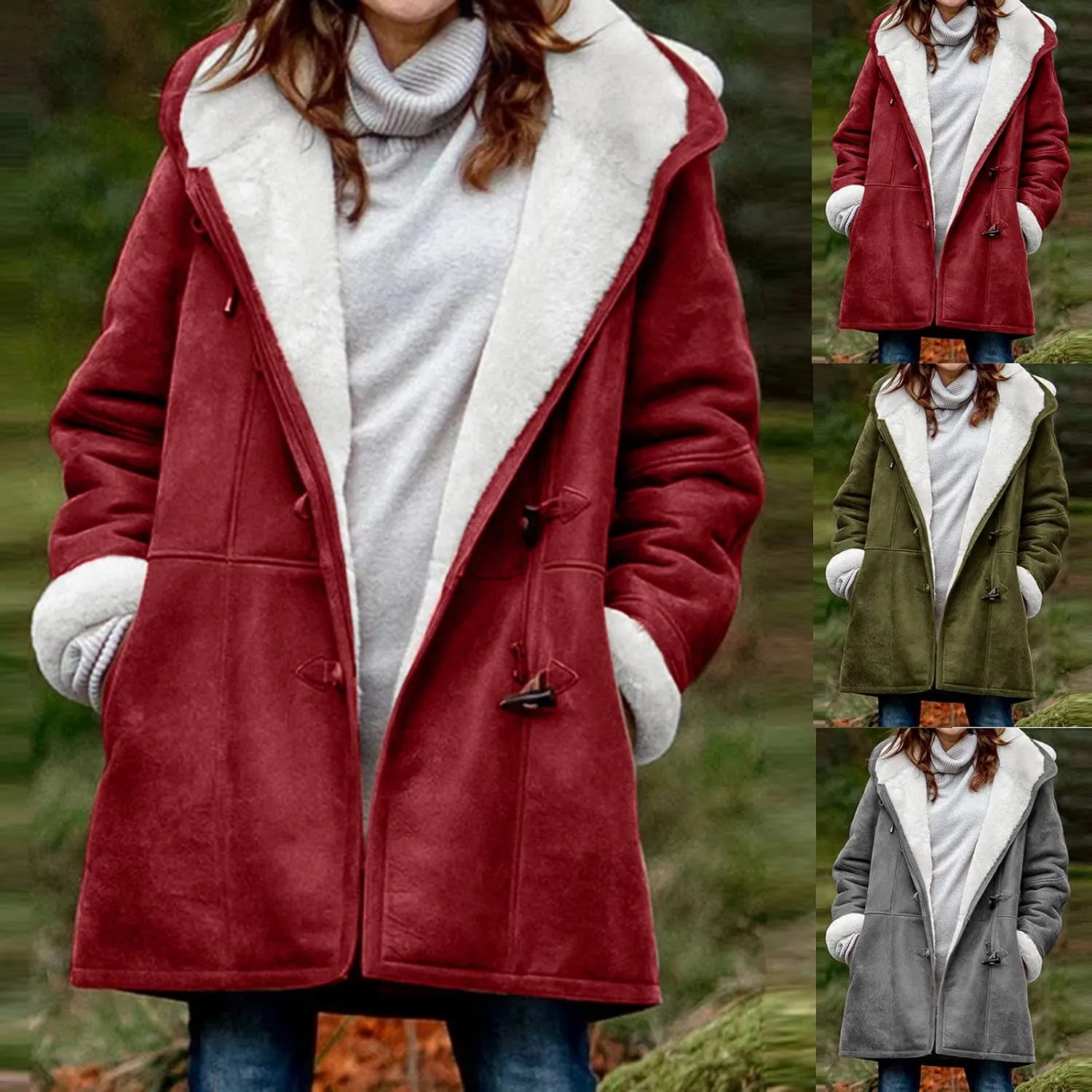 Warm Jackets for Women,Womens Winter Trench Coats Zip Up Breasted Long Sleeve Hooded Fleece Jacket Fuzzy Pea Coat