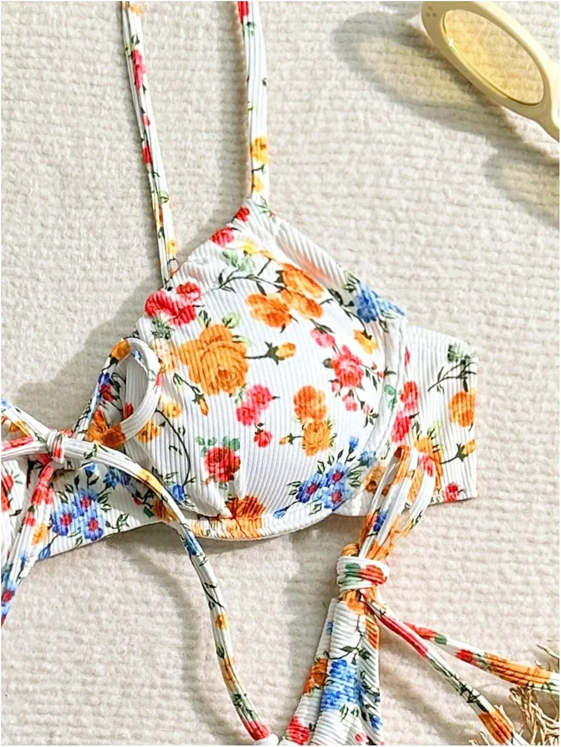 WDIRARA Women's Floral Print Bikini Top Drawstring Tie Front Swim Top Bathing Suit Top