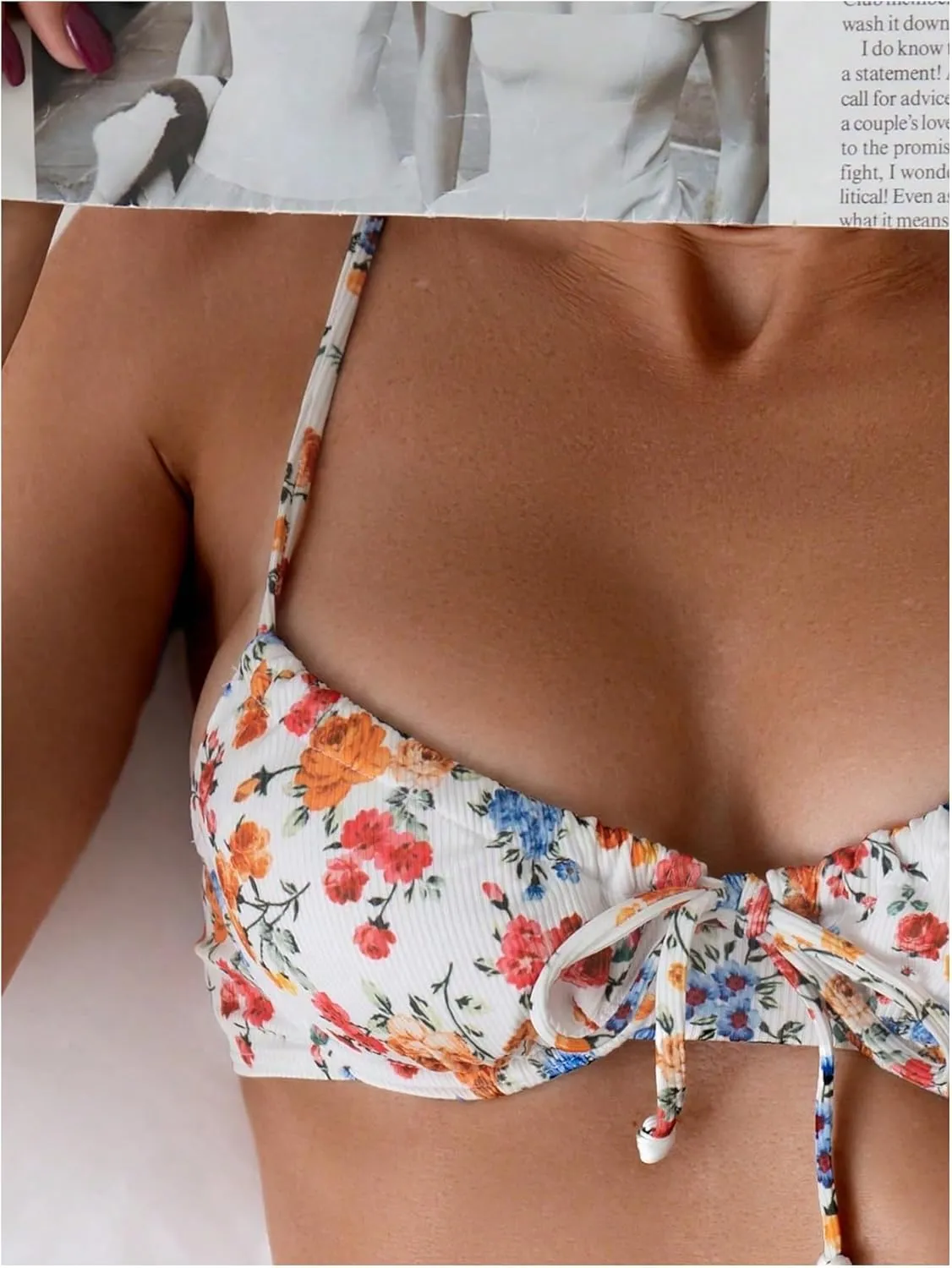 WDIRARA Women's Floral Print Bikini Top Drawstring Tie Front Swim Top Bathing Suit Top