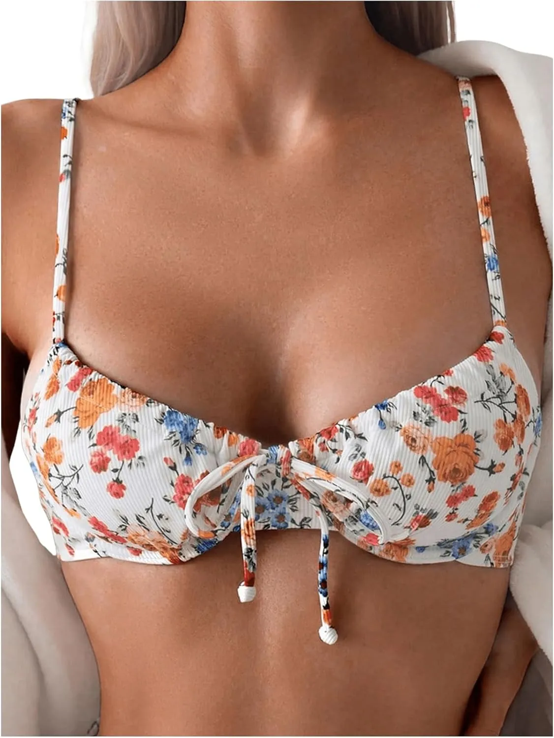 WDIRARA Women's Floral Print Bikini Top Drawstring Tie Front Swim Top Bathing Suit Top