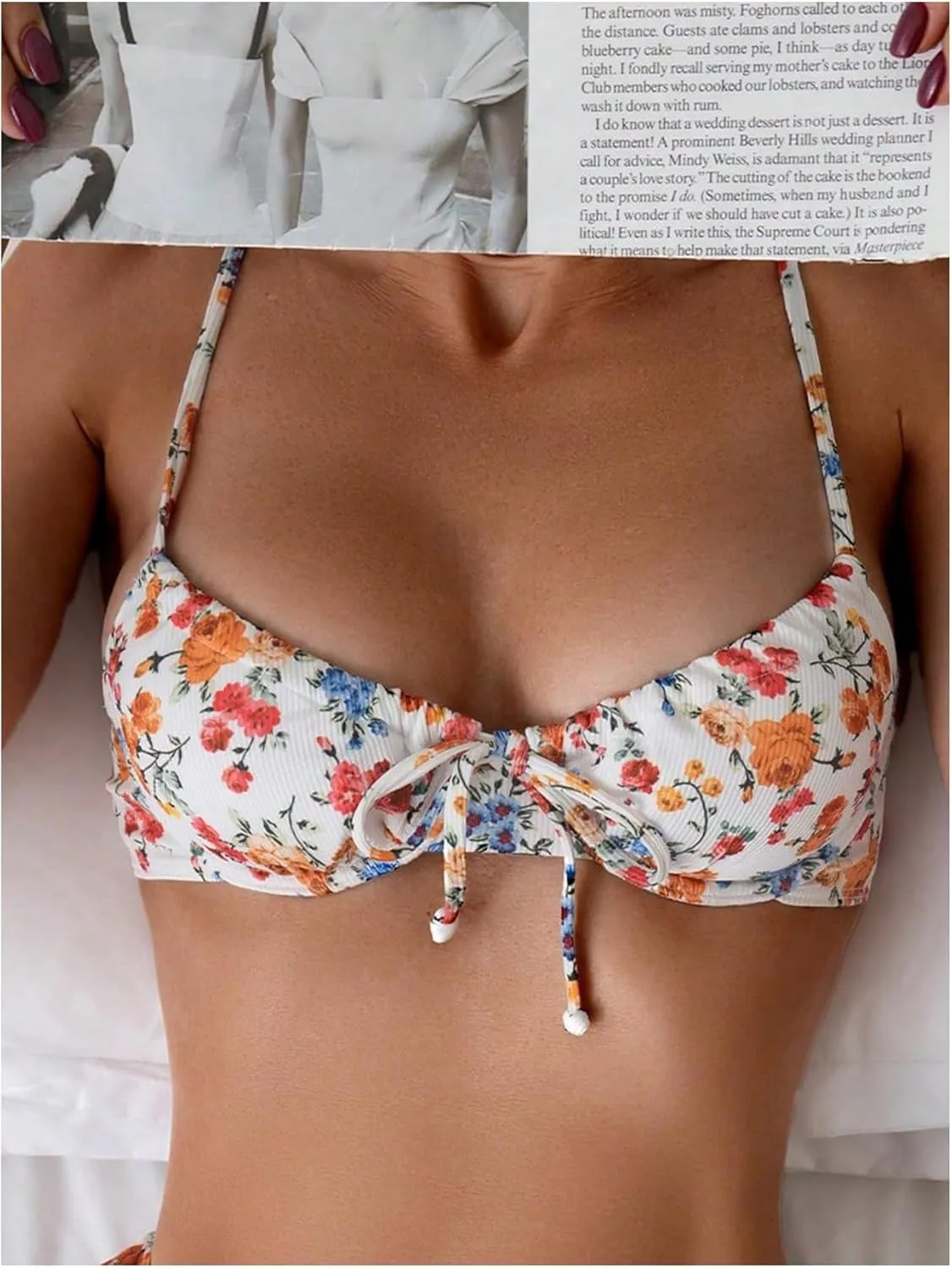 WDIRARA Women's Floral Print Bikini Top Drawstring Tie Front Swim Top Bathing Suit Top