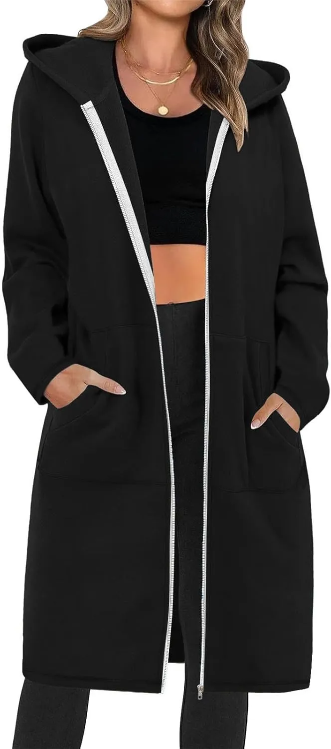 Winter Coats for Women 2024 Long Solid Color Trench Coat Pocket Long Sleeve Jacket Casual Hoodie Zip Up Shacket Coats