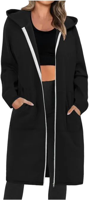 Winter Coats for Women 2024 Long Solid Color Trench Coat Pocket Long Sleeve Jacket Casual Hoodie Zip Up Shacket Coats