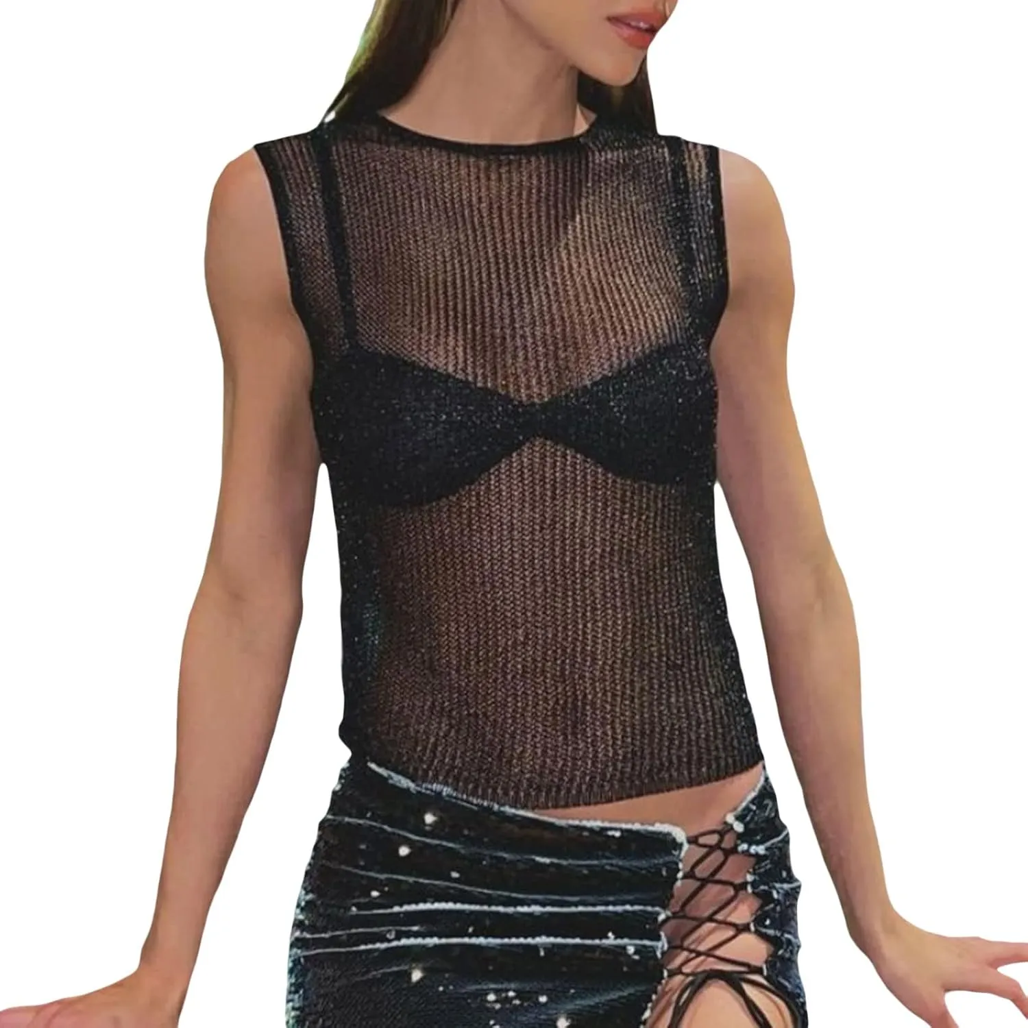 Women Basic Ribbed Knit Tie Dye Tank Top Crew Neck Sleeveless Crop Top Y2K Summer Camisole Vest Top