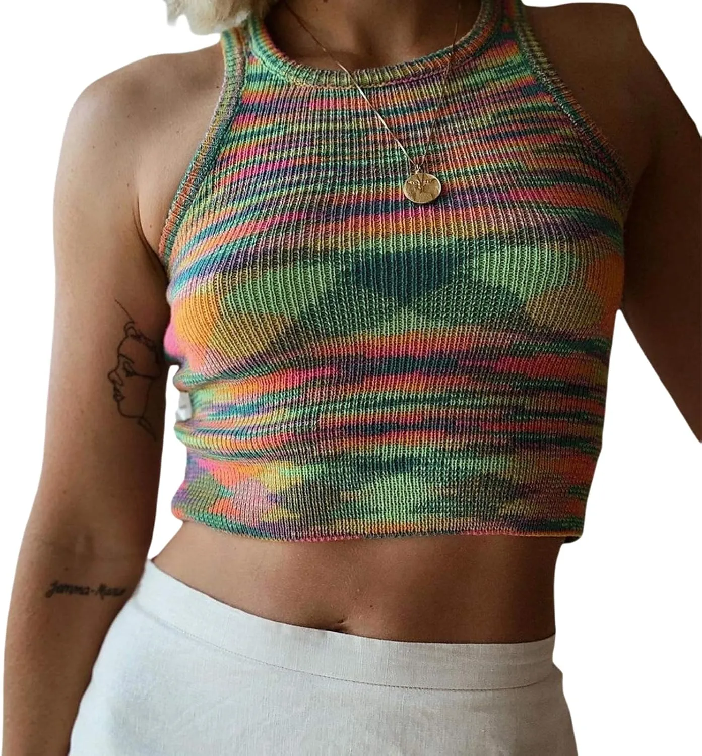 Women Basic Ribbed Knit Tie Dye Tank Top Crew Neck Sleeveless Crop Top Y2K Summer Camisole Vest Top