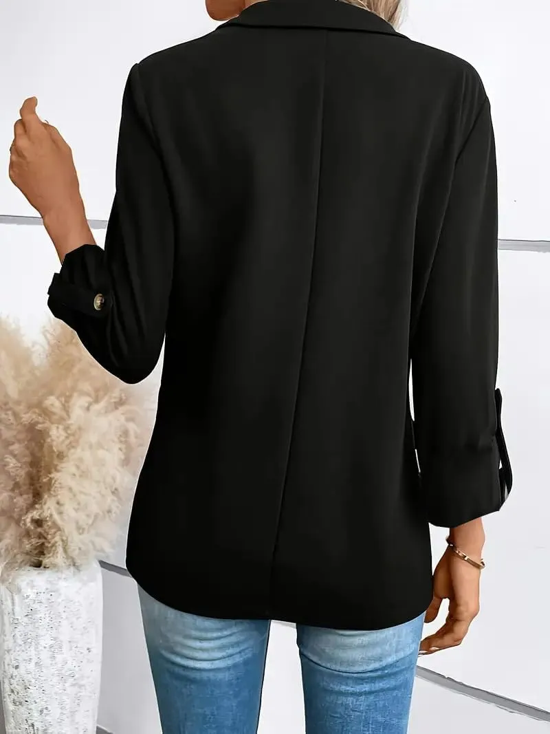 Women Blazers 3/4 Roll Sleeve Lapel Blazer Jacket Button Down Open Front Coat Casual Business Jackets with Pockets