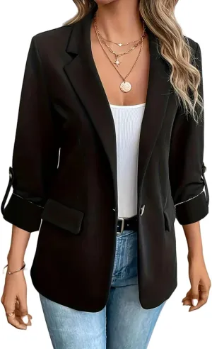 Women Blazers 3/4 Roll Sleeve Lapel Blazer Jacket Button Down Open Front Coat Casual Business Jackets with Pockets