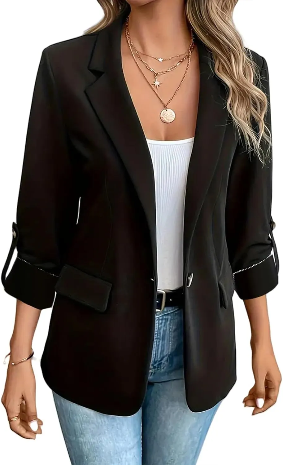 Women Blazers 3/4 Roll Sleeve Lapel Blazer Jacket Button Down Open Front Coat Casual Business Jackets with Pockets