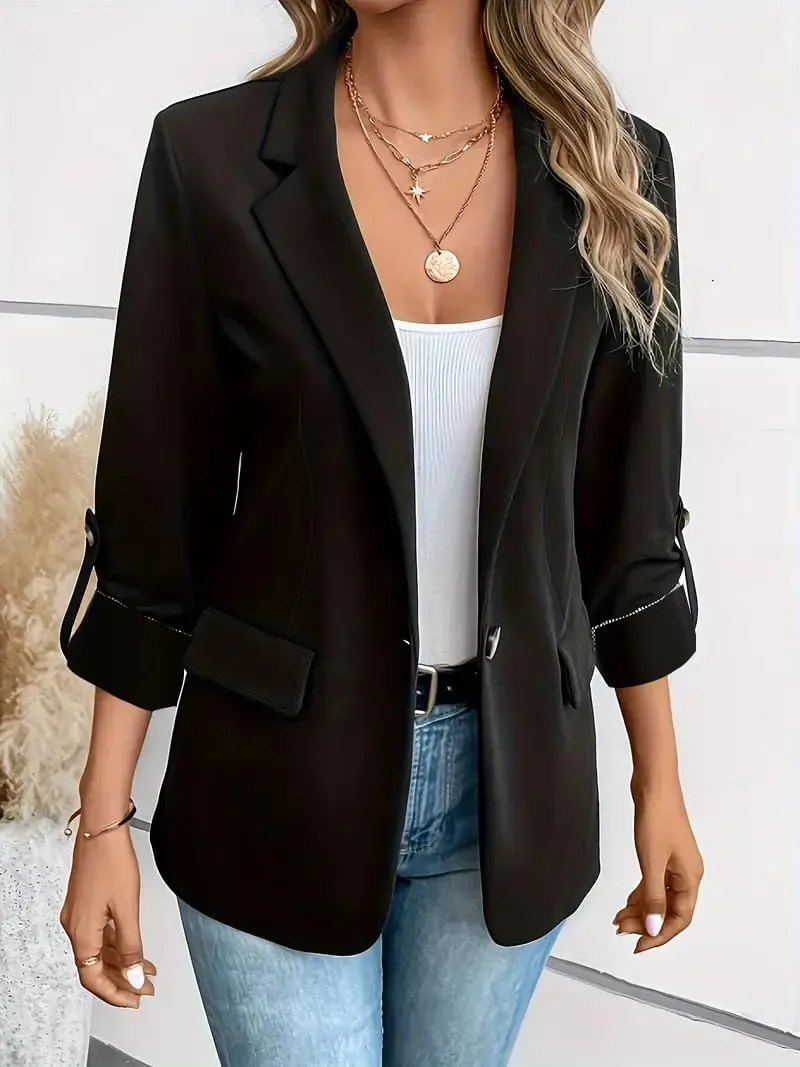 Women Blazers 3/4 Roll Sleeve Lapel Blazer Jacket Button Down Open Front Coat Casual Business Jackets with Pockets