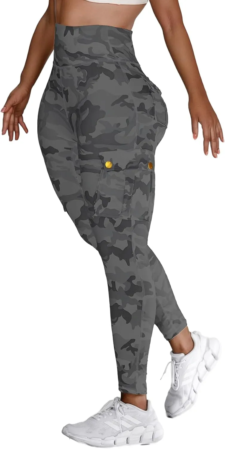 Women High Waist Cargo Leggings Workout Leggings Tummy Control Yoga Pants with Pocket