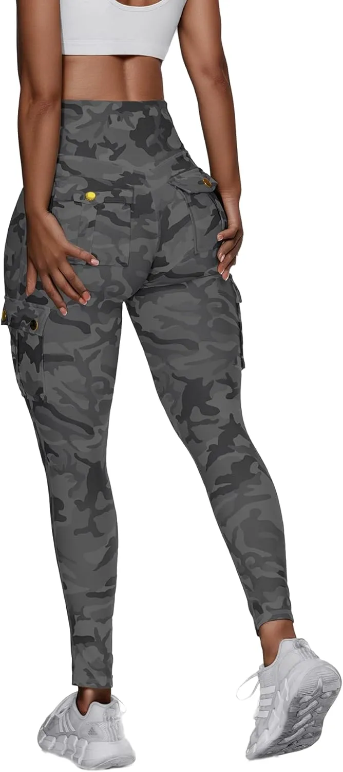 Women High Waist Cargo Leggings Workout Leggings Tummy Control Yoga Pants with Pocket