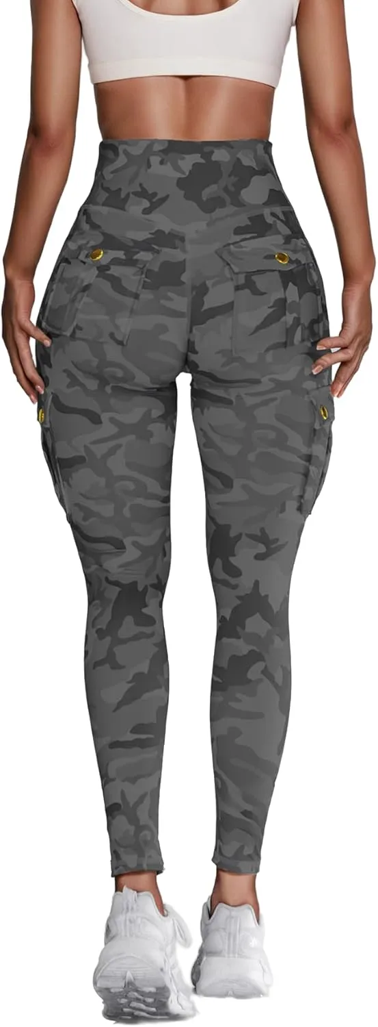 Women High Waist Cargo Leggings Workout Leggings Tummy Control Yoga Pants with Pocket