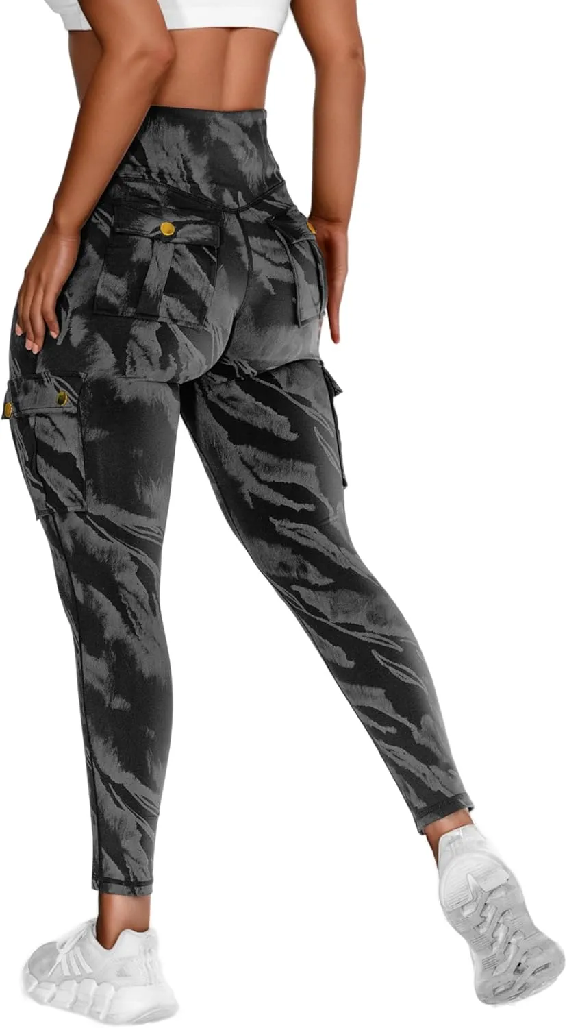 Women High Waist Cargo Leggings Workout Leggings Tummy Control Yoga Pants with Pocket
