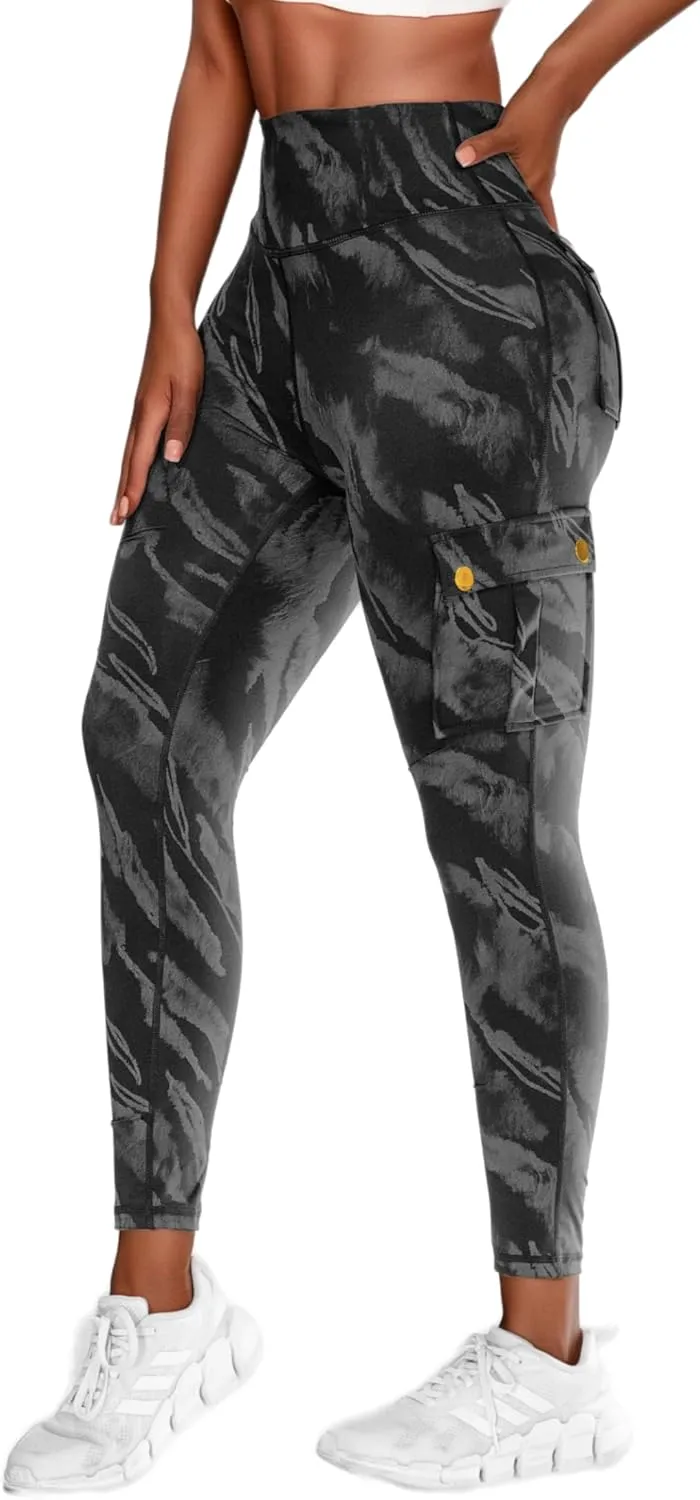 Women High Waist Cargo Leggings Workout Leggings Tummy Control Yoga Pants with Pocket