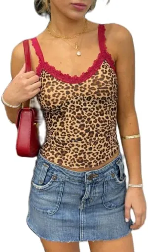Women Leopard Print Cami Top Lace Trim Spaghetti Strap Top Cheetah Print Camisole Sheer Mesh Tank Top