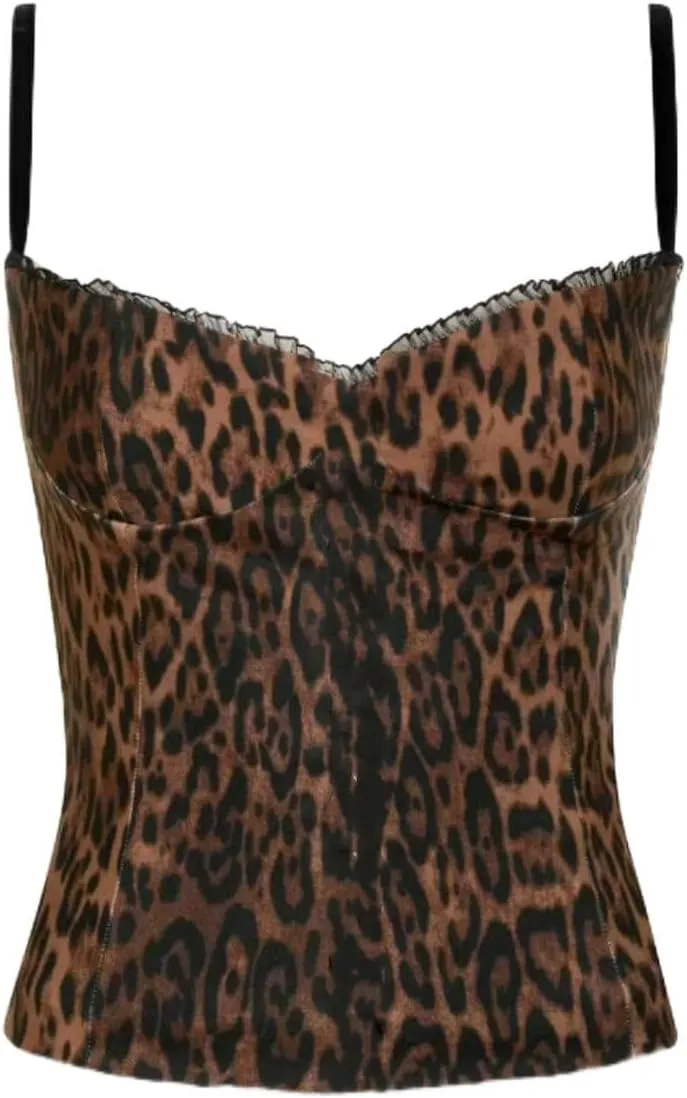 Women Leopard Print Cami Top Lace Trim Spaghetti Strap Top Cheetah Print Camisole Sheer Mesh Tank Top