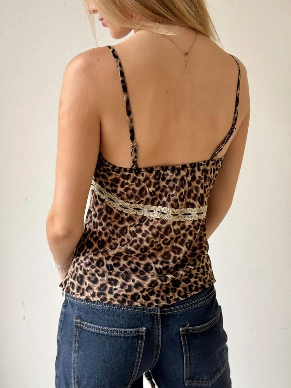 Women Leopard Print Cami Top Lace Trim Spaghetti Strap Top Cheetah Print Camisole Sheer Mesh Tank Top