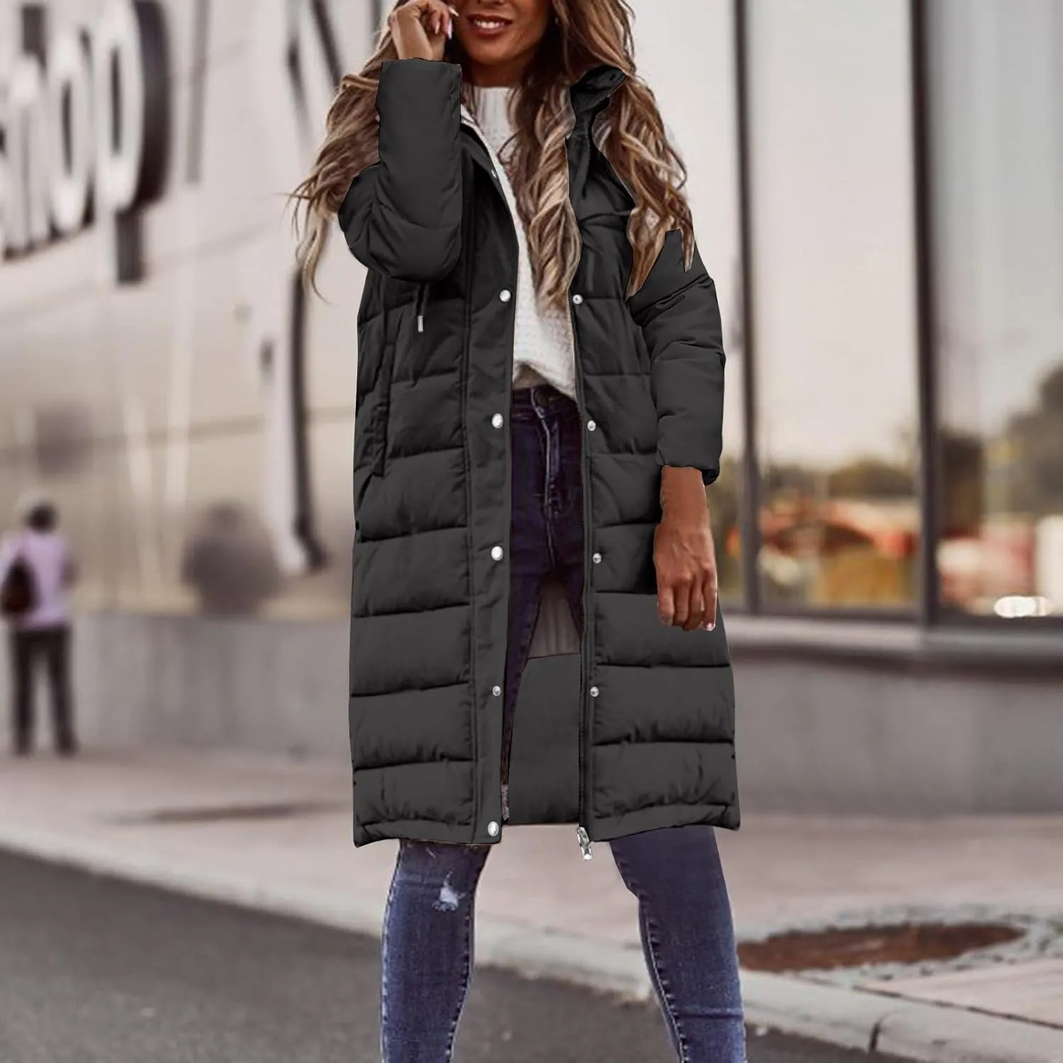 Women Long Puffer Coat Winter Warm Long Sleeve Padded Down Quilted Jackets Fashion Hooded Coats Lightweight Parka Jacket