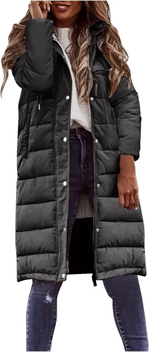 Women Long Puffer Coat Winter Warm Long Sleeve Padded Down Quilted Jackets Fashion Hooded Coats Lightweight Parka Jacket