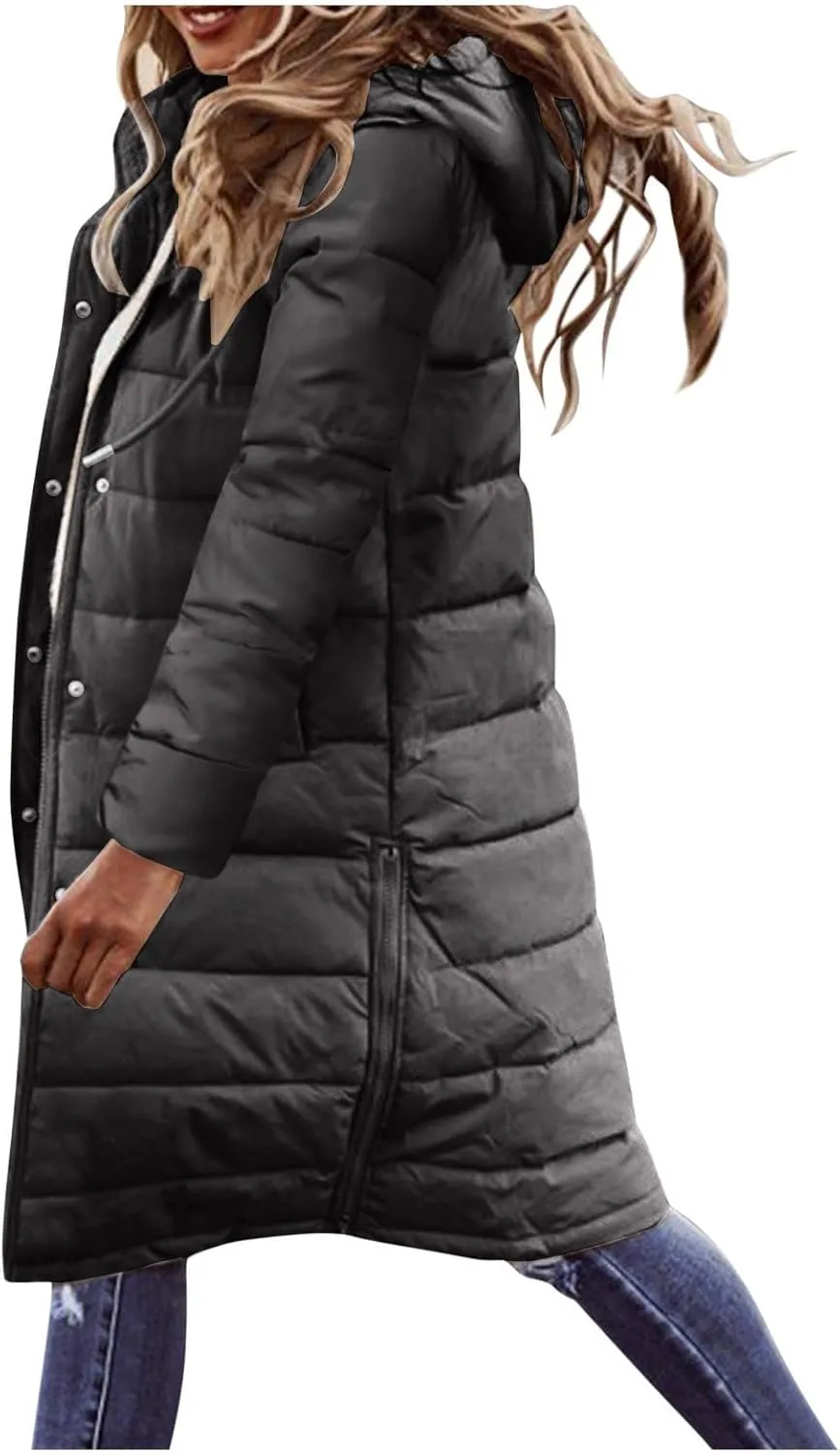 Women Long Puffer Coat Winter Warm Long Sleeve Padded Down Quilted Jackets Fashion Hooded Coats Lightweight Parka Jacket