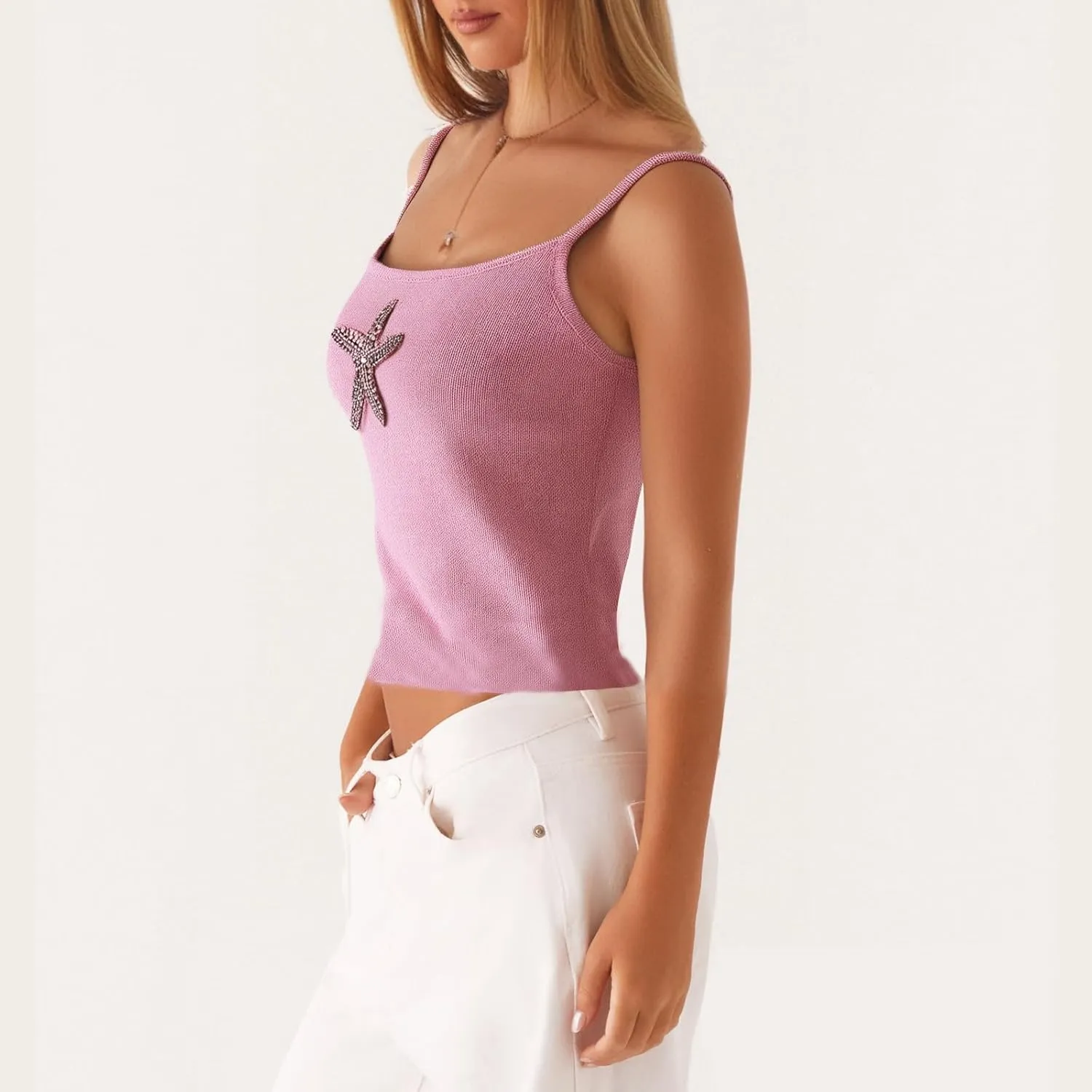 Women Starfish Sequin Tank Top Y2K Knit Glitter Cami Top Star Print Sleeveless Crop Top Going Out Streewear
