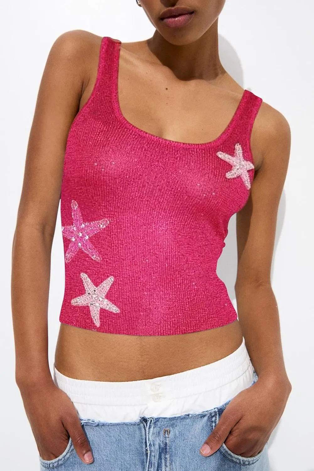 Women Starfish Sequin Tank Top Y2K Knit Glitter Cami Top Star Print Sleeveless Crop Top Going Out Streewear