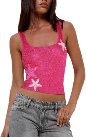 Women Starfish Sequin Tank Top Y2K Knit Glitter Cami Top Star Print Sleeveless Crop Top Going Out Streewear