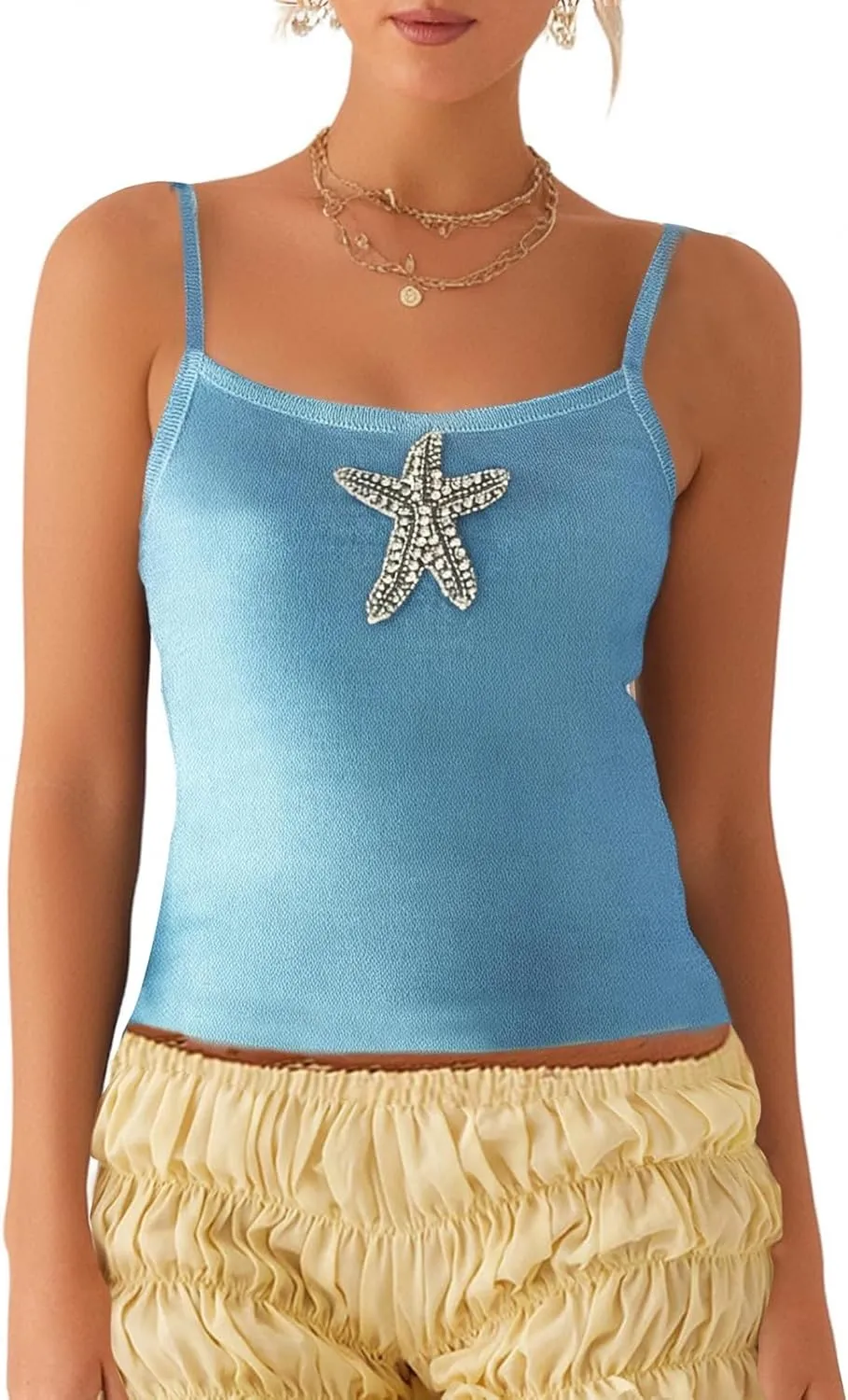 Women Starfish Sequin Tank Top Y2K Knit Glitter Cami Top Star Print Sleeveless Crop Top Going Out Streewear