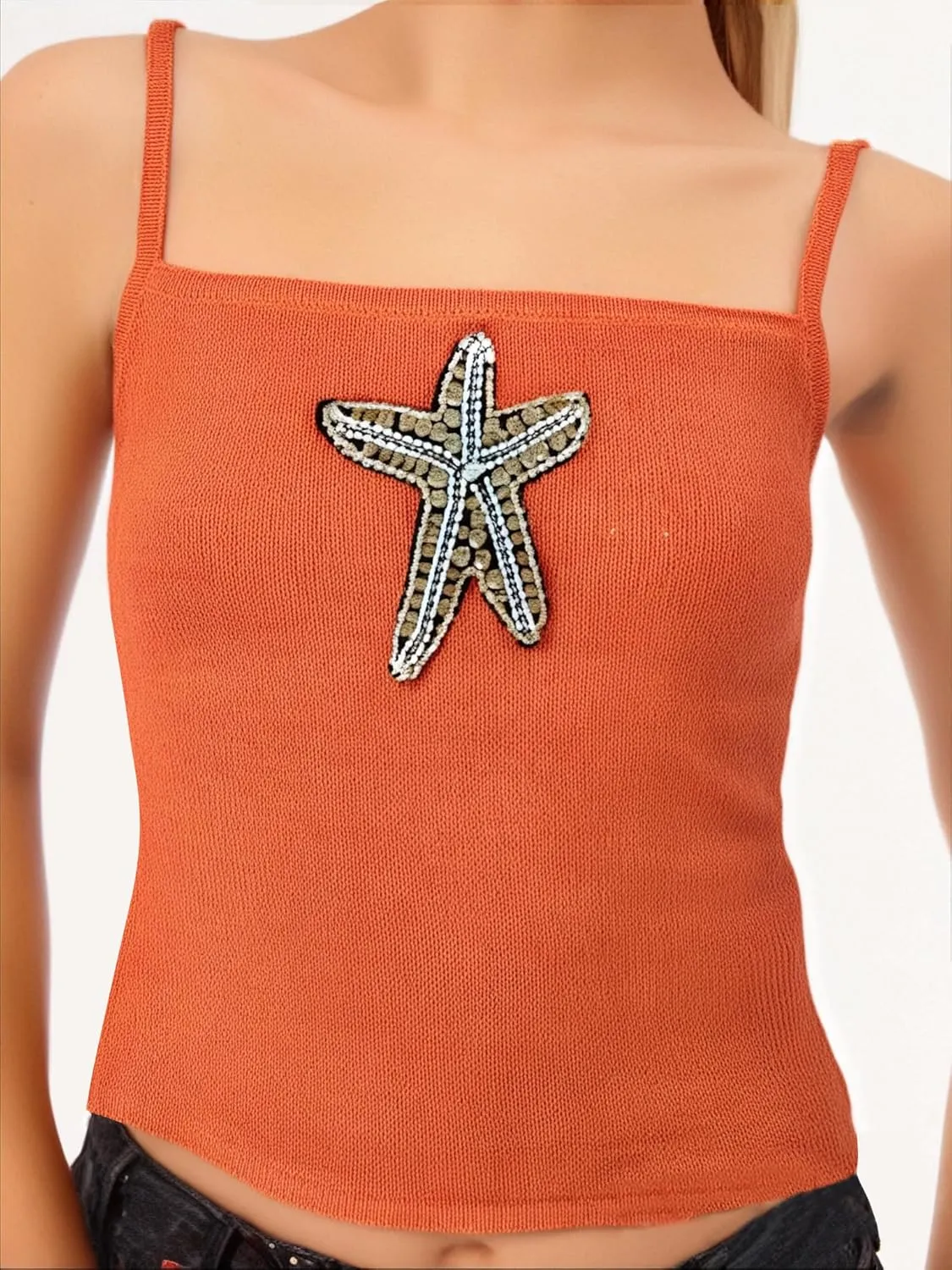 Women Starfish Sequin Tank Top Y2K Knit Glitter Cami Top Star Print Sleeveless Crop Top Going Out Streewear