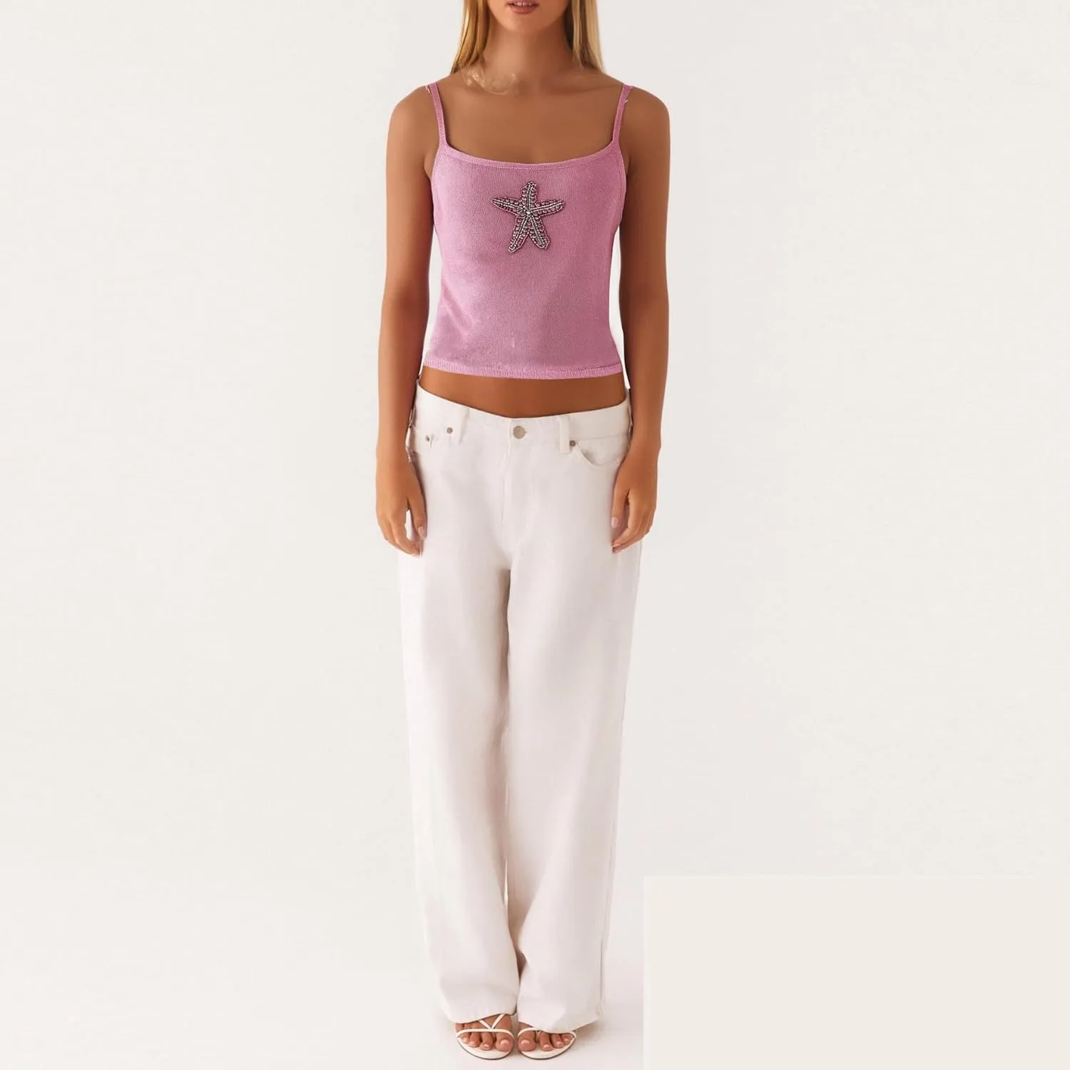 Women Starfish Sequin Tank Top Y2K Knit Glitter Cami Top Star Print Sleeveless Crop Top Going Out Streewear