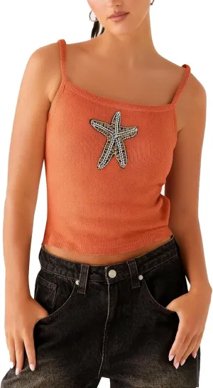 Women Starfish Sequin Tank Top Y2K Knit Glitter Cami Top Star Print Sleeveless Crop Top Going Out Streewear