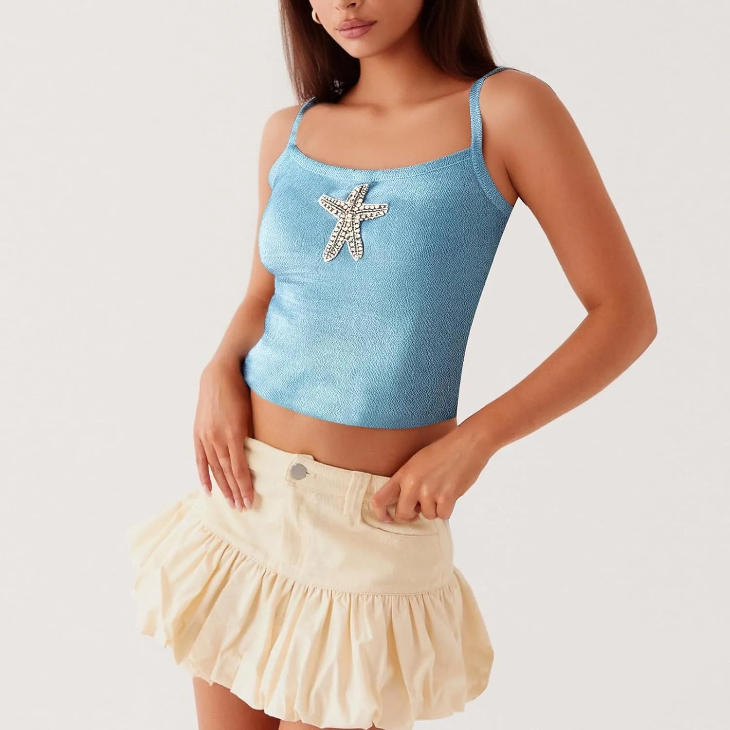 Women Starfish Sequin Tank Top Y2K Knit Glitter Cami Top Star Print Sleeveless Crop Top Going Out Streewear