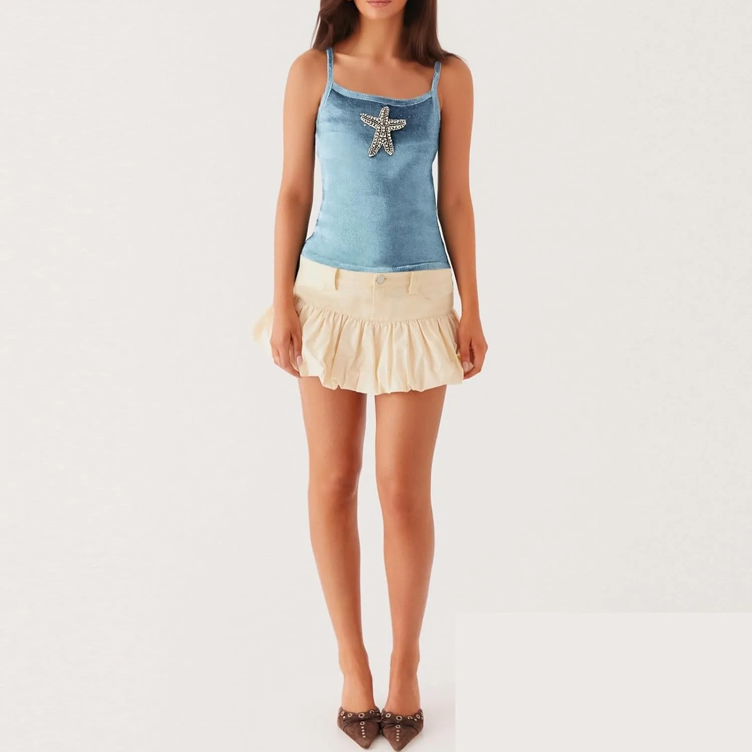 Women Starfish Sequin Tank Top Y2K Knit Glitter Cami Top Star Print Sleeveless Crop Top Going Out Streewear