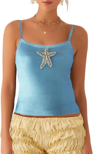 Women Starfish Sequin Tank Top Y2K Knit Glitter Cami Top Star Print Sleeveless Crop Top Going Out Streewear