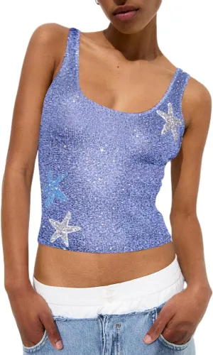 Women Starfish Sequin Tank Top Y2K Knit Glitter Cami Top Star Print Sleeveless Crop Top Going Out Streewear