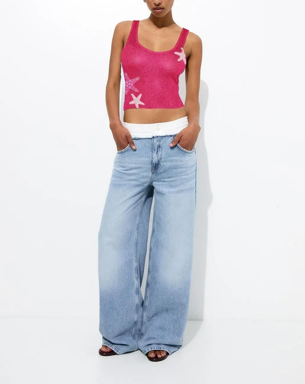 Women Starfish Sequin Tank Top Y2K Knit Glitter Cami Top Star Print Sleeveless Crop Top Going Out Streewear