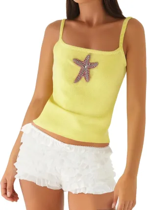Women Starfish Sequin Tank Top Y2K Knit Glitter Cami Top Star Print Sleeveless Crop Top Going Out Streewear